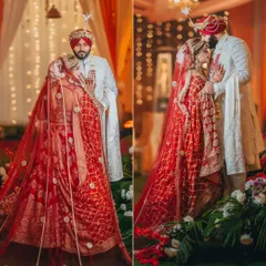 A diptych showing the couple's playful and romantic side, with the bride's long, beautiful dupatta draped over the groom.