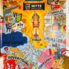 A full view of the dynamic wall art at Nitte University. This mural is designed to inspire students, featuring bright colors and cartoon-style illustrations that represent the creative energy of the communication department.