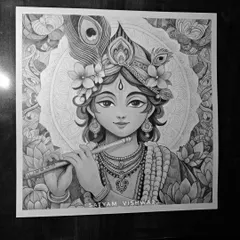 A beautiful and intricate sketch of Lord Krishna playing his flute, surrounded by a mandala-like floral border. This was a custom commission work that required immense detail.