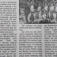 An English newspaper feature on our school musical "Bhoomi," praising the choreography and the students' exceptional talent.