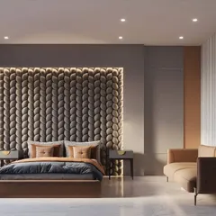 This teenager's bedroom features a stunning backlit headboard with a unique, woven texture. It creates a warm, cozy, and incredibly stylish focal point for the room.