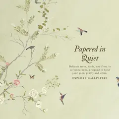I designed this wallpaper, "Papered in Quiet," to be a gentle whisper of nature. Delicate trees, birds, and flora in softened hues create a calming visual that holds your gaze without overwhelming the space.