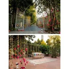 A collage showing the beautiful entrance decor and a cozy seating area at a Zorba wedding, highlighting the thoughtful details that create a welcoming atmosphere for guests.