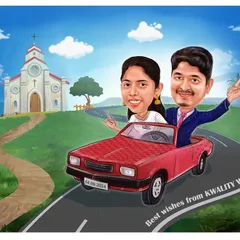A fun 'just married' concept for a Christian wedding couple, driving away from the church. This kind of storytelling makes for a memorable wedding gift.