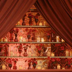 A dramatic, triangular bar back, with shelves filled with red glassware, red roses, and dozens of flickering candles, revealed from behind a draped curtain.