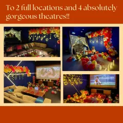 A collage showcasing our two locations and four gorgeous theatres. Each space can be customized with different decor themes, from romantic lighting to festive birthday setups.