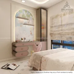 This magical kids' room features a whimsical study area set within a decorative arch. The floating desk with curved drawers and pastel colors creates a space that is both fun and functional.