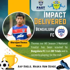 Another success story. Thomas, an IKF Season 3 National Finalist trained at Fast FC, was scouted by Bengaluru FC through trials and is now playing for their club.