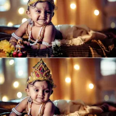 Capturing the joyful spirit of childhood in our themed sessions. This collage shows a baby boy's delightful smile during his Krishna photoshoot, showcasing his playful personality against a softly lit, festive background.