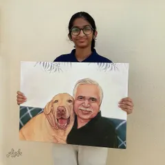 A proud owner holding a large 18x24 inch canvas print of a handmade portrait featuring her father and their beloved dog.