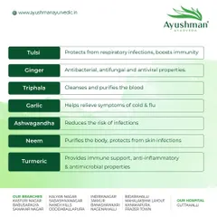 This chart lists some of the most recommended Ayurvedic herbs for boosting immunity and overall health. From Tulsi for respiratory infections to Turmeric for its anti-inflammatory properties, we use nature's pharmacy to support your well-being.