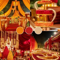 This color palette of marigold, red, and beige is perfect for traditional Indian wedding ceremonies. It evokes warmth, auspiciousness, and festive energy.