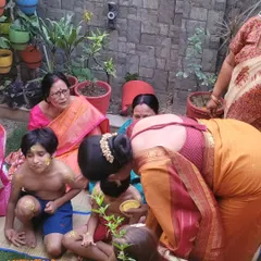 Being part of my students' family milestones is a true pleasure. Here, I am participating in the upanayanam, or thread ceremony, of my shishya Megha's two sons.