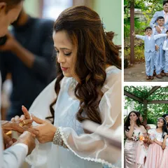 A collage capturing the emotional ring exchange during a 25th-anniversary vow renewal and happy moments with family.