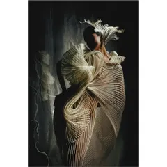 A study in form and shadow for the Vaishali S campaign. This image uses high-contrast lighting to emphasize the sculptural, almost skeletal quality of the couture piece, turning fashion into wearable art.