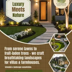 Here, luxury truly meets nature. For this farmhouse entrance, I designed a welcoming landscape featuring a gracefully curved stone pathway, soft ground lighting, and a mix of evergreen shrubs and trees to create an impression of established elegance.