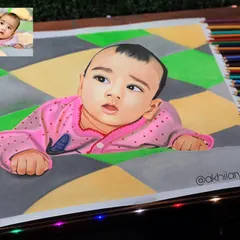 An incredibly detailed A1 size colored pencil drawing of a baby. The large scale allows for hyper-realistic skin tones and captures the baby's curious expression perfectly.