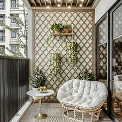 A serene and comfortable reading nook featuring a plush papasan chair. The woven texture of the chair complements the wooden lattice wall, creating a warm and inviting corner.