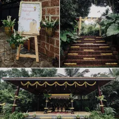 This collage showcases the beautiful, rustic decor of a South Indian wedding venue. From the welcome sign to the entrance and the mandap, it captures the charming and natural ambiance.