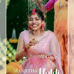 A poster-style image from a Haldi ceremony, capturing the bride's ecstatic smile as she is showered with water and flowers.