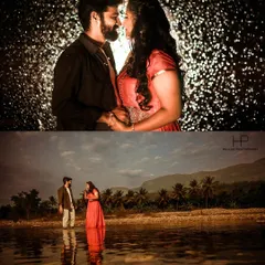 Two distinct styles from Pratul and Satya's pre-wedding shoot. The top image uses creative lighting for a dramatic, close-up portrait, while the bottom shot is a wide-angle environmental portrait by a river.