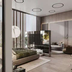 This angle of the bedroom highlights the seating area with its curved chaise lounge. The rotating TV unit is positioned to be viewable from both the bed and the lounge area, showcasing our focus on practical luxury.