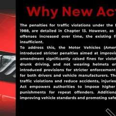 This slide explains why the new Act was necessary. With rising road accidents, the previous fines under the 1988 Act were insufficient, prompting stricter penalties to deter violations like speeding and drunk driving.