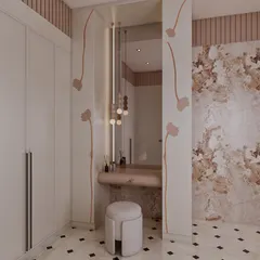 A full vanity and wardrobe area is seamlessly built into the bathroom design. Delicate floral motifs are painted on the wall, echoing the room's artistic feel, while pendant lights add a touch of modern elegance.