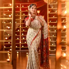 An example of classic saree draping for a festive Diwali shoot. The look is completed with a traditional hair bun adorned with fresh flowers.