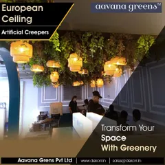 This is another view of our European ceiling installation, showing how artificial creepers can transform a commercial space into an enchanting, green haven.