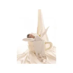 A newborn sleeps peacefully inside a giant teacup prop. This creative and whimsical studio setup is a sweet and unique way to capture the tininess and innocence of a new baby.
