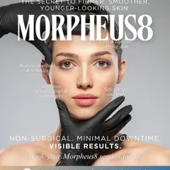 This graphic illustrates the key benefits of Morpheus8. It lifts sagging skin, reduces wrinkles, improves texture from scars, and is safe for both face and body, all with minimal downtime.