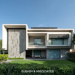 The front facade of Residence 338 is dominated by a prominent rectangular block, creating depth and character. This element cohesively binds the entire design together for a powerful visual impact.