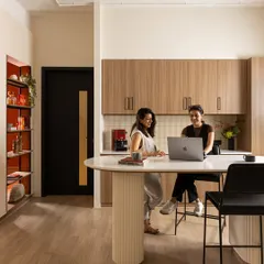 The staff pantry and collaborative space at ARVA Clinic. A positive patient experience is supported by a happy, comfortable team, so we designed the staff areas with the same attention to detail and warmth as the patient-facing spaces.