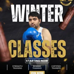 Our Winter Boxing Classes are starting now. This poster invites you to join our exclusive winter program, which combines strength training and boxing with our certified trainers to keep you fit through the cold season.