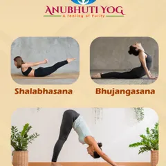 This graphic illustrates three key poses for a healthy back. We practice Shalabhasana (Locust Pose) to strengthen the back muscles, Bhujangasana (Cobra Pose) for spinal flexibility, and Adho Mukha Svanasana (Downward-Facing Dog) to lengthen the spine.
