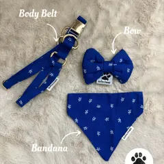 A vibrant blue set featuring a body belt, bandana, and bow. This shows how you can mix and match different accessory types in the same print.