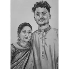 A pencil sketch of a couple based on a modern, casual photo. This A4 drawing captures a relaxed moment between two people, making it a wonderful personal keepsake.