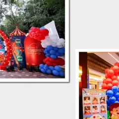 A closer look at the details of the carnival and art party entrances, showing the custom signage and balloon work.