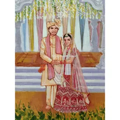 A close-up detail of the couple in the live wedding painting. I focus on capturing their traditional attire and the connection between them during the ceremony.