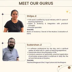 Meet our gurus, Shilpa Ji and Sudarshan Ji. This graphic introduces their expertise in anatomy, philosophy, and spiritual application, which are integral to our 300-hour TTC.