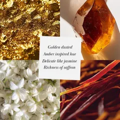 The Golden Hour candle was born from a feeling. This mood board shows the inspiration: golden dusted amber, delicate jasmine, and the richness of saffron, all coming together to translate light into fragrance and time into memory.