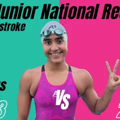 A graphic celebrating Vihitha Nayana's new Junior National Record in the 50m Backstroke. We don't just train swimmers to win, we train them to break barriers and set new benchmarks.