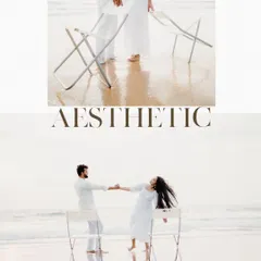 An aesthetic shot of a couple in white on the beach, using simple props like chairs to create a unique and modern pre-wedding concept. This shows how we can play with creative ideas to make your shoot stand out.