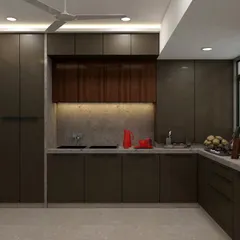 Another view from the 3D model, showing the complete U-shaped layout. These renders help us finalize every detail, from cabinet heights to lighting placement, ensuring there are no surprises.