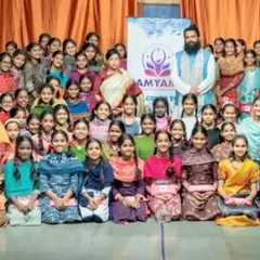 A beautiful group photo with Mahayogi Madhucarji and the bright students of Shubham Karothi Maithreyi Sanskrit Gurukul in Bangalore. We are honored to share spiritual knowledge and mindfulness practices with the next generation.