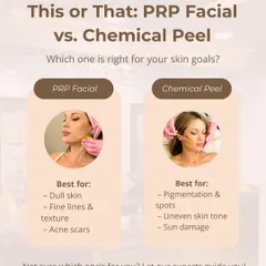 PRP Facial versus Chemical Peel, which is right for you? PRP is best for dullness and acne scars, while a peel is ideal for pigmentation and sun damage. Our experts can help you decide.