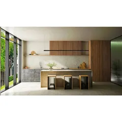 This kitchen design seamlessly integrates with the outdoors through a large glass wall. The minimalist island with bar seating and wood-paneled cabinets creates a natural and open feel.