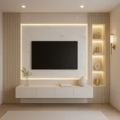 A minimalist and clean TV unit design featuring a central marble-like panel framed by soft backlighting. Fluted wood panels on either side add texture, and a floating console maintains the sleek, uncluttered look.