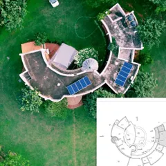 A duplicate image showing the aerial top-down view of the C-shaped farmhouse alongside its architectural floor plan, illustrating the connection between the design concept and the final built form.